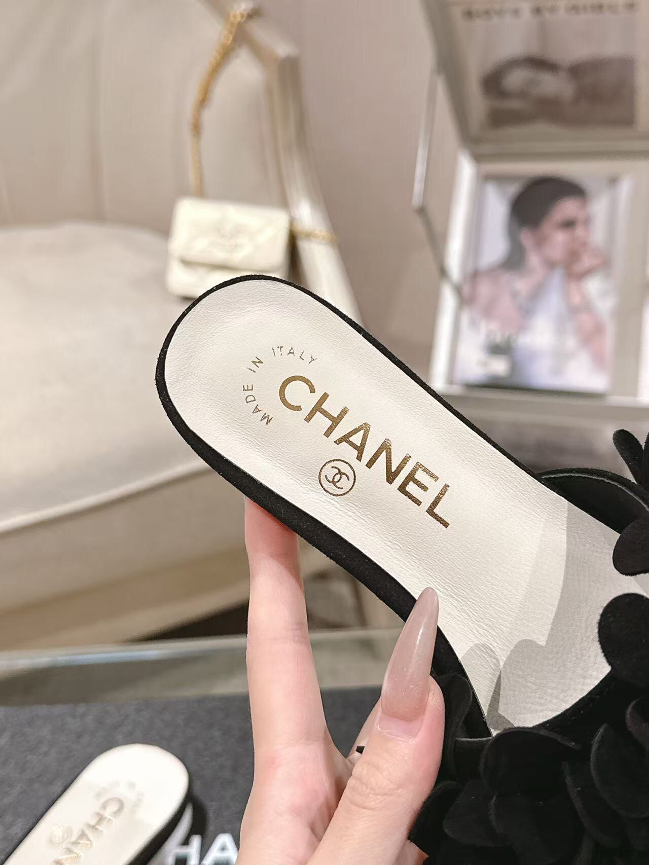 2025 Women Chanel Black Suede Mule Floral B2032-2