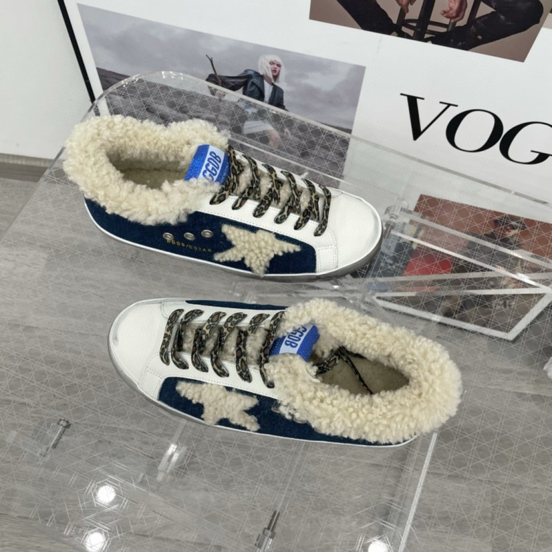 2025 Women GGDB White Navy Blue Leather Shearling Sneakers