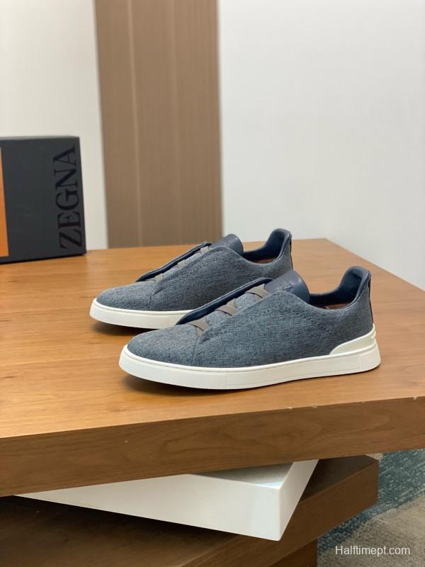 2024 Unisex Ermenegildo Zegna Grey Blue Pelletessuta Calfskin Sneakers Stretch Detail MJ00280