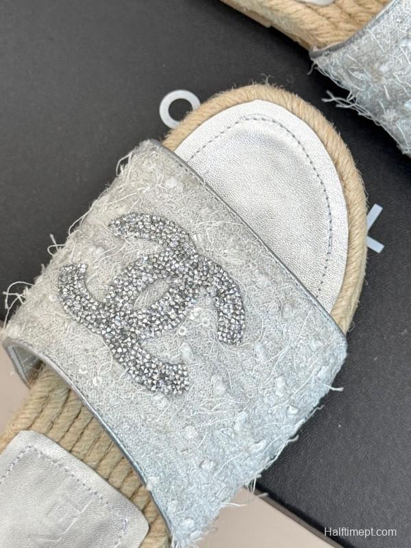 2025/Women Chanel White Lace Espadrille Slides Handmade Craft KFY00240(F)