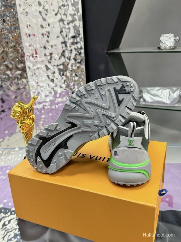 2025 Men Louis Vuitton Green Grey Mesh Leather Sneakers MJ00420
