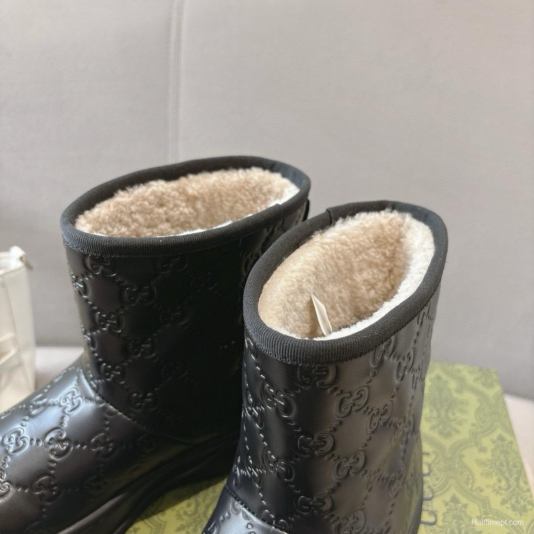 2024 Women Gucci Black Leather Suede Shearling Snow Boots MJ00350