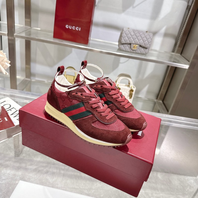2025 Women Gucci Burgundy Red Suede Fabric Sneakers LY00340