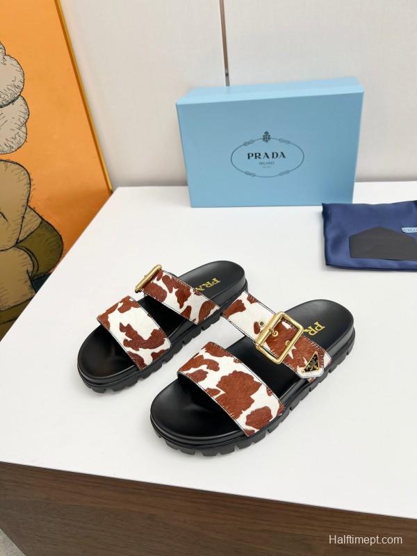 2025 Slippers Prada Brown White Leather Cow Print LY00260