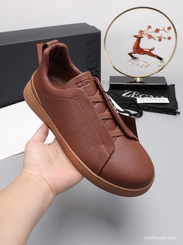 2024 Men Ermenegildo Zegna Brown Leather Low Top Sneakers MJ00240