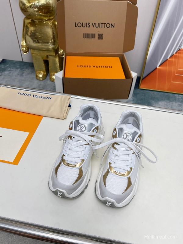 2025 Women Louis Vuitton White Gold Leather Mesh Sneakers LY00340