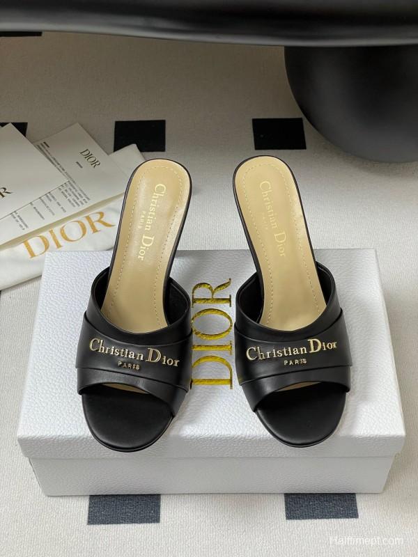 2025 Women Dior Black Leather High Heel Mules