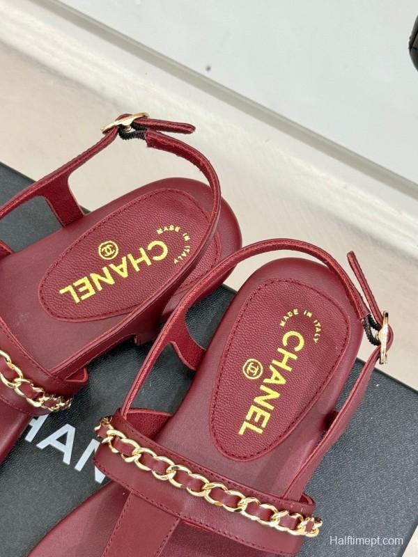 2025 Women Chanel Red Leather Sandals Chain Decoration
