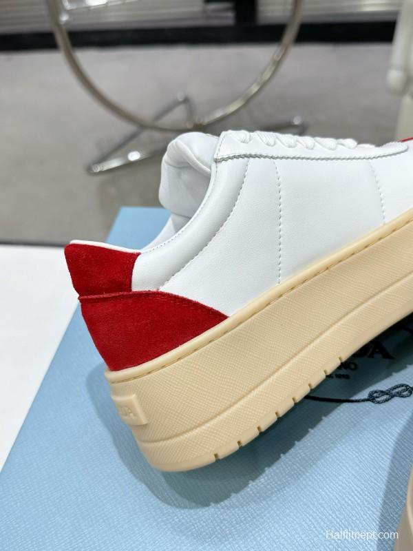 2025 Women Prada White Red Suede Leather Sneakers
