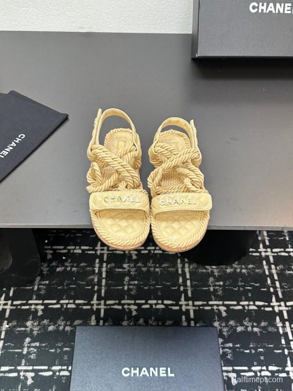 2025 Women Chanel Beige Rope Leather Slingback Sandals