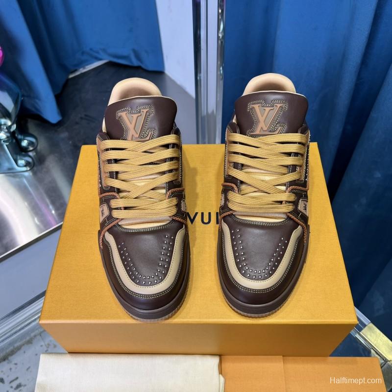 2025 Unisex Louis Vuitton Brown Beige Leather LV Trainer