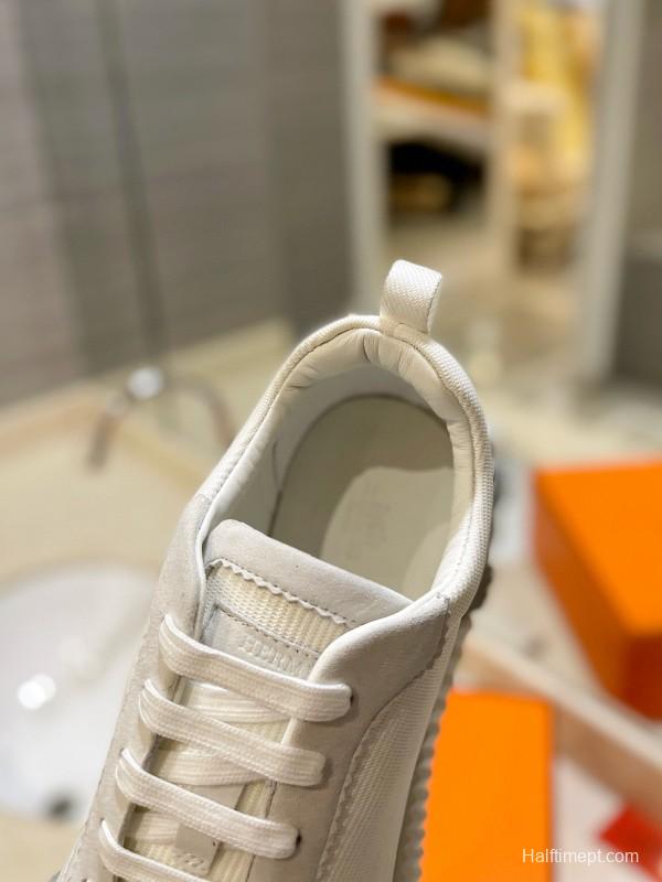 2024 Unisex Hermès White Cream Imported Silky Goat Suede Nylon Sneakers MJ00320