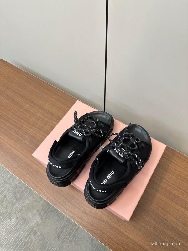 2025 Women Miu Miu Black Leather Sandals LY00240