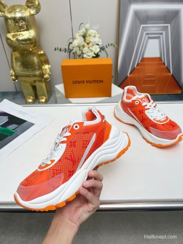 2025 Unisex Louis Vuitton Orange White Mesh Leather Sneakers LY00340(F)/LY00341(M)