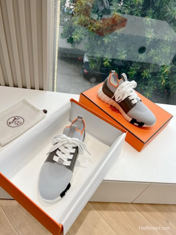 2024 Unisex Hermès Beige Grey Orange Black Leather Suede Knit Sneakers MJ00290