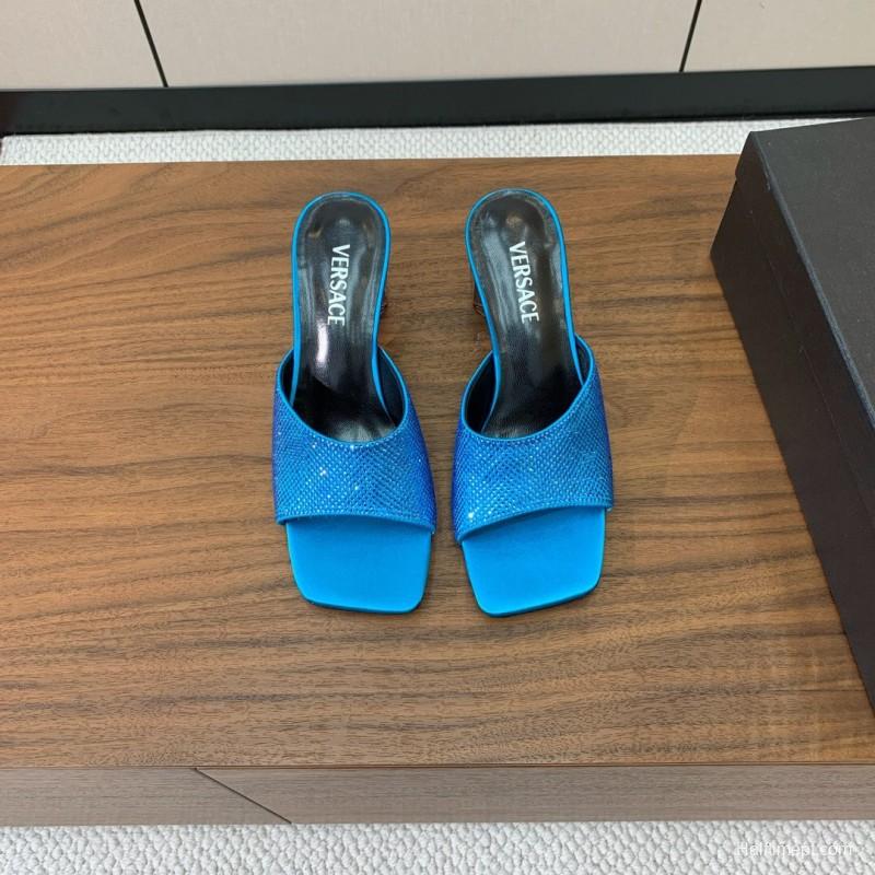 2025 Women VERSACE Blue Satin Slippers