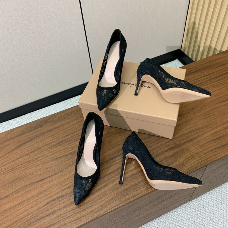 2025 Women Gianvito Rossi Black Lace Leather Pumps KFY00280