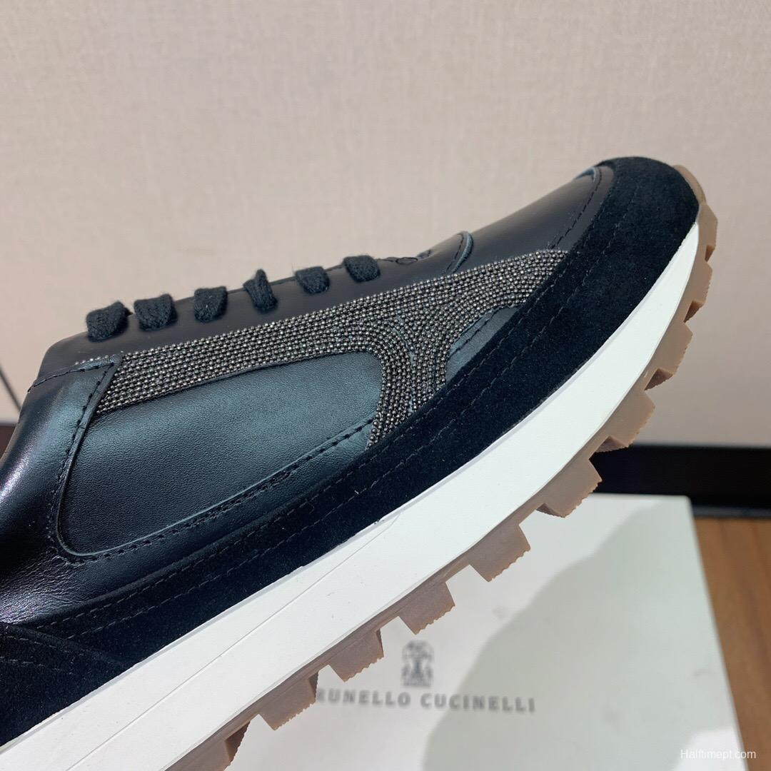 2025 Unisex Brunello Cucinelli Black Brown Leather Suede Sneakers LY