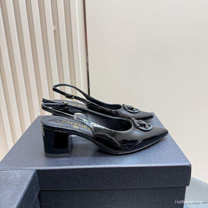 2025 Women Chanel Black Patent Leather Slingback Pumps