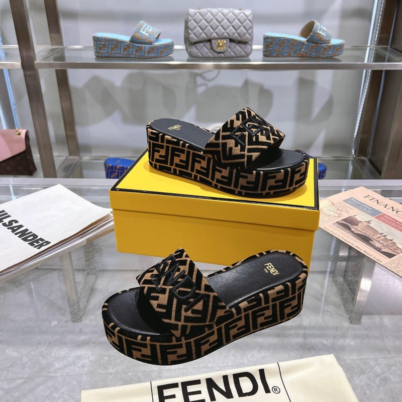 2025 Slippers Fendi Black Brown Canvas Platform FF Jacquard KFY00240