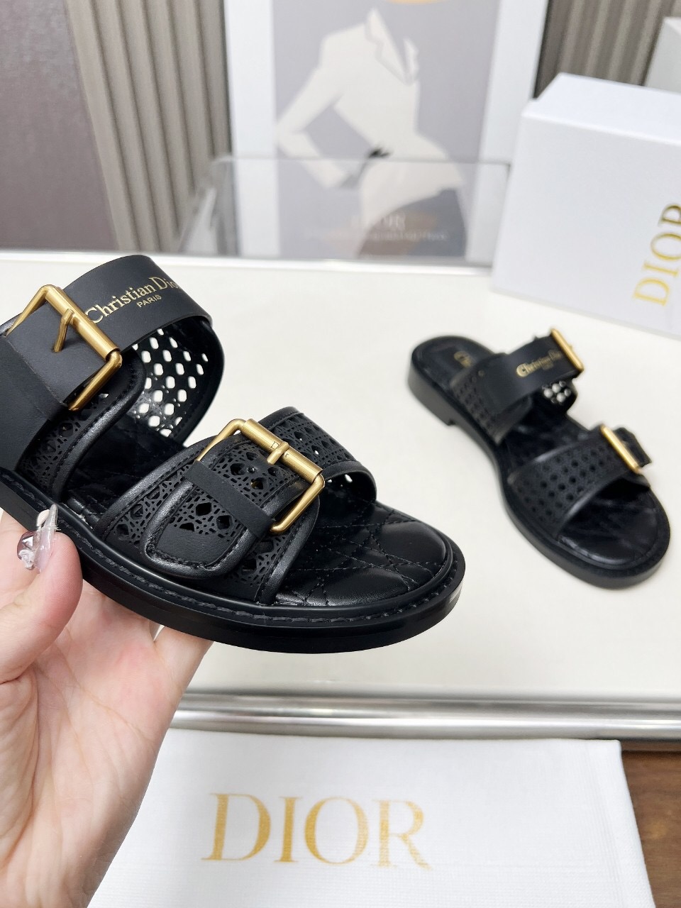 2025 Women Dior Black Leather Slippers