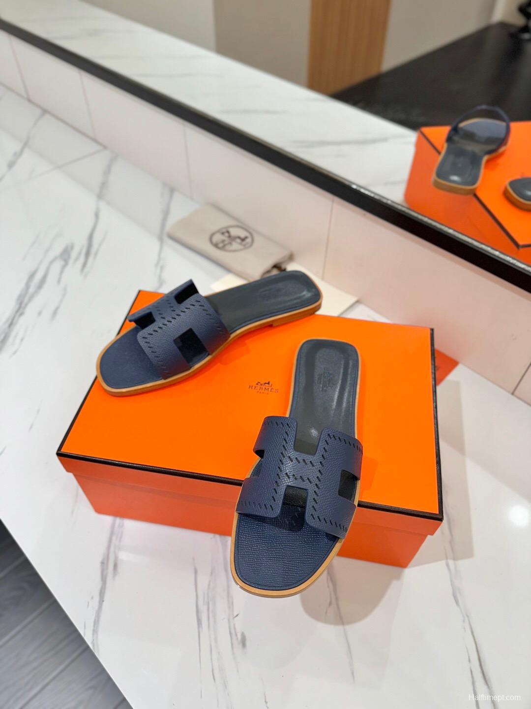 2025 Women Hermès Navy Leather Slippers