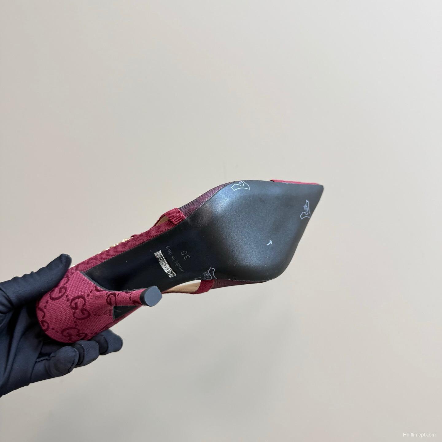 2025 Women Gucci Burgundy Mesh Chain Detail Slingback Pumps KFY00300(F)