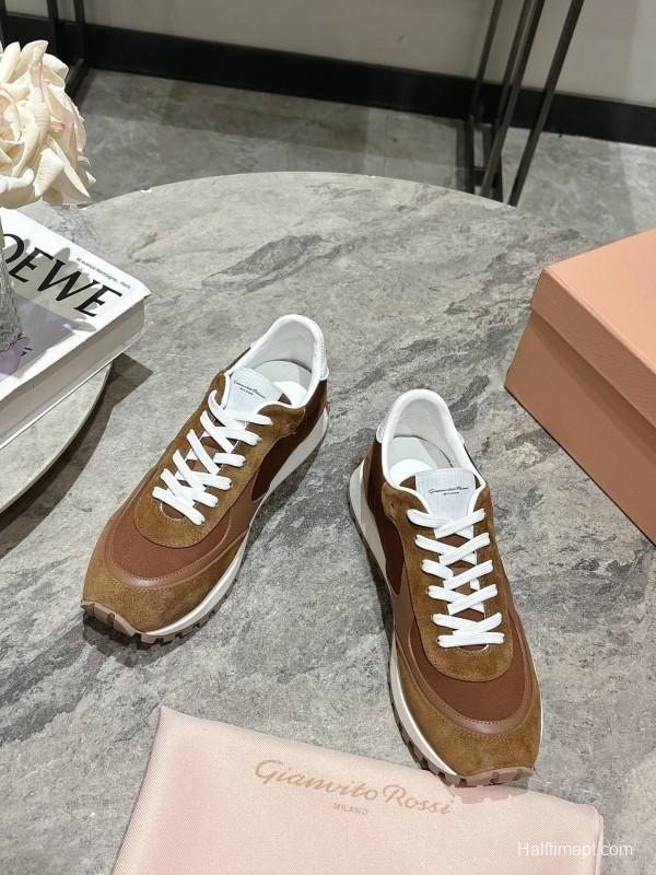 2025 Unisex Gianvito Rossi Brown White Leather Suede Mesh Sneakers KFY00340
