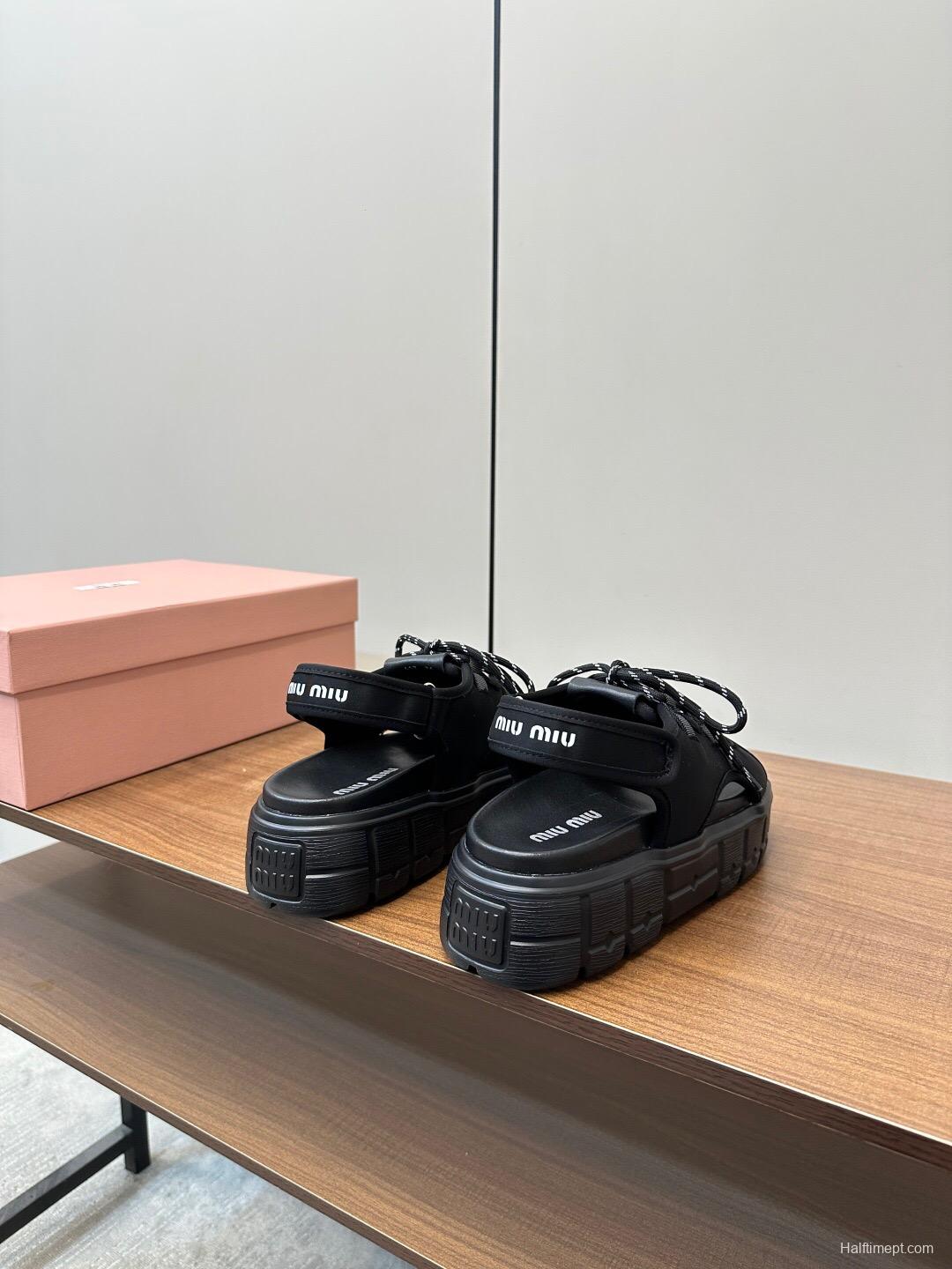 2025 Women Miu Miu Black Leather Sandals LY00240