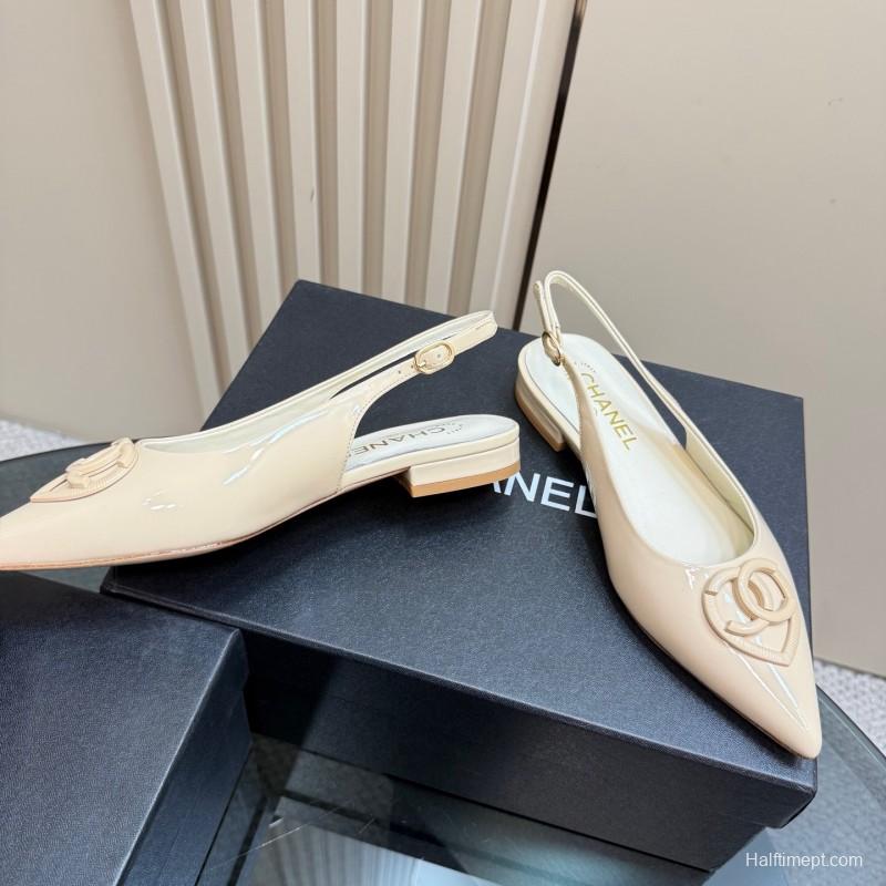 2025 Women Chanel Beige Patent Leather Slingback Heels KFY00290