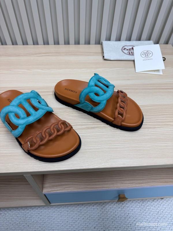 2025 Slippers Hermès Blue Brown Leather Slippers