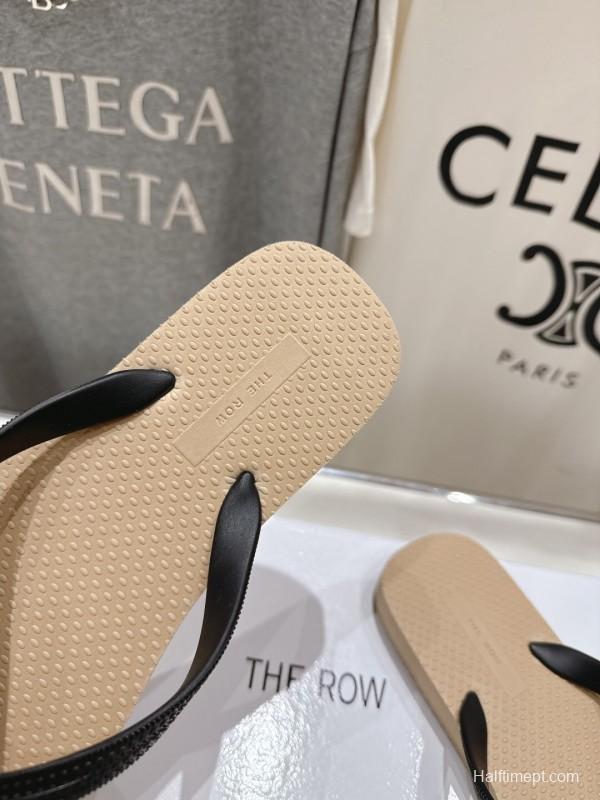 2025 Unisex The Row Beige And Black Leather Casual Flip-Flops Handmade KFY00160