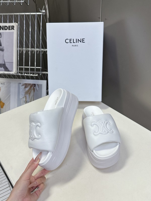 2025 Women Celine White Leather Slippers LY00240