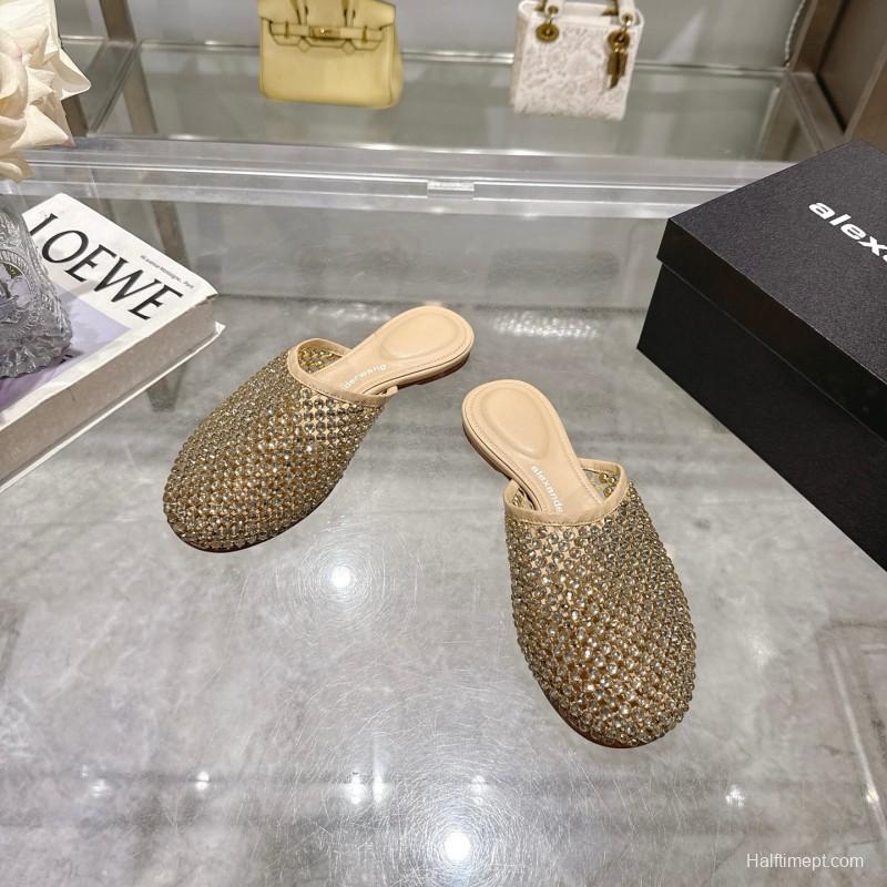 2025 Slippers Alexander Wang Beige Crystal Beaded Leather Slippers LY00310