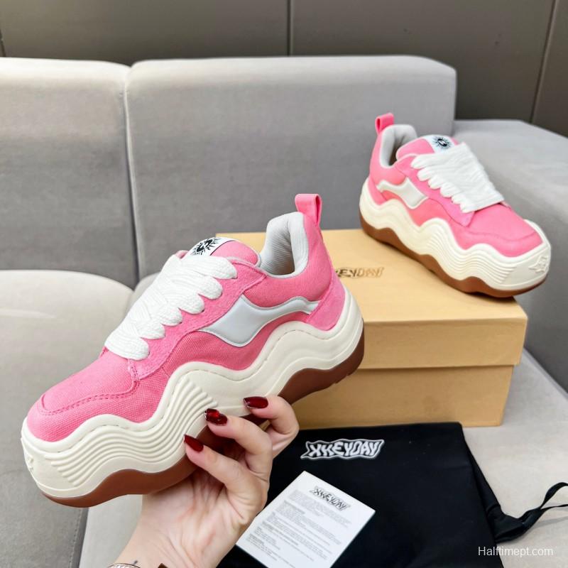 2025 Women HEYDAY Pink White Canvas Leather Wave Bread Sneakers KFY00260(F)