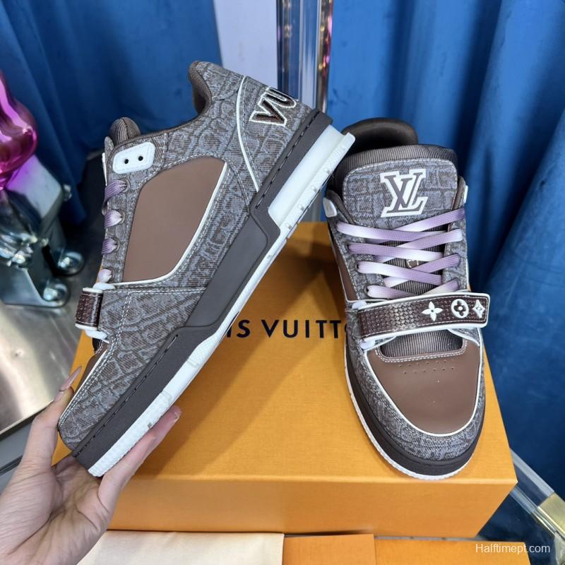 2025 Unisex Louis Vuitton Brown Grey Leather Trainer