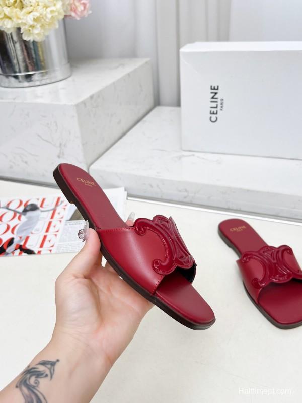 2025 Women CELINE Red Leather Slippers