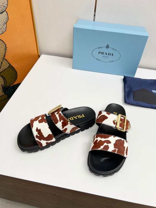 2025 Slippers Prada Brown White Leather Cow Print LY00260