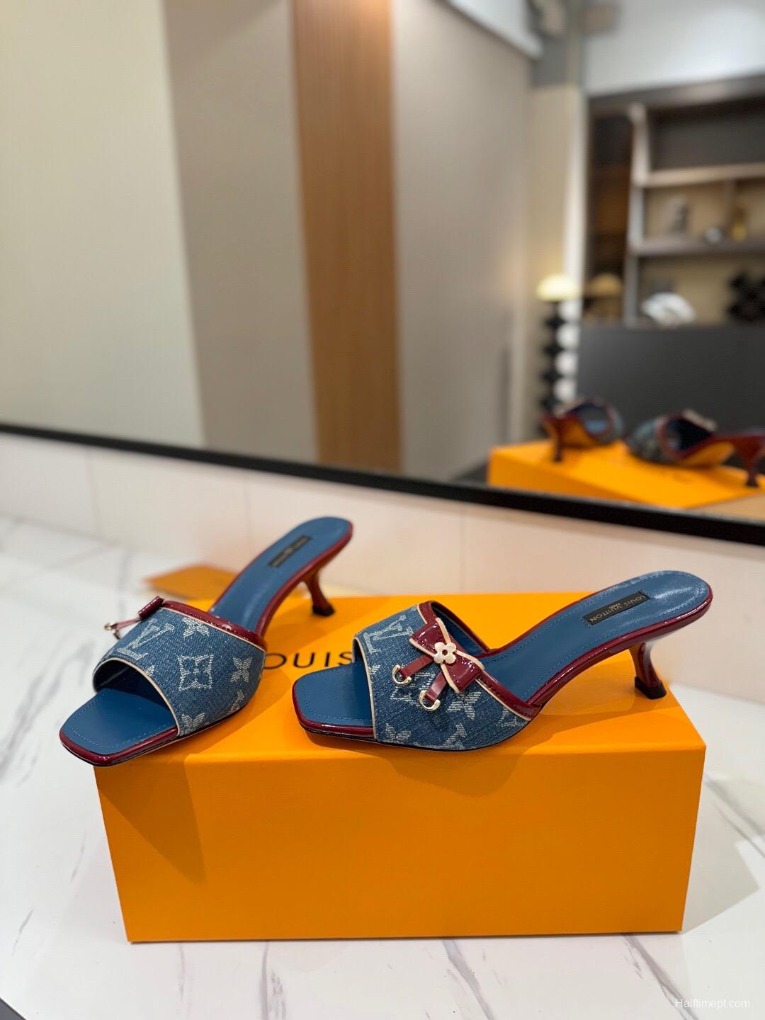 2025 Women Louis Vuitton Blue Denim Leather Mules
