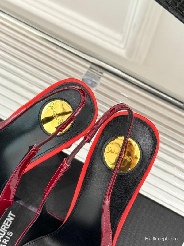 2025 Women Yves Saint Laurent Burgundy Patent Leather Slingback Heels