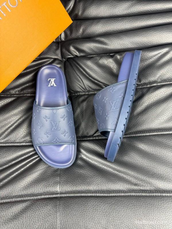 2025 Men Louis Vuitton Blue Leather Slippers AS00170