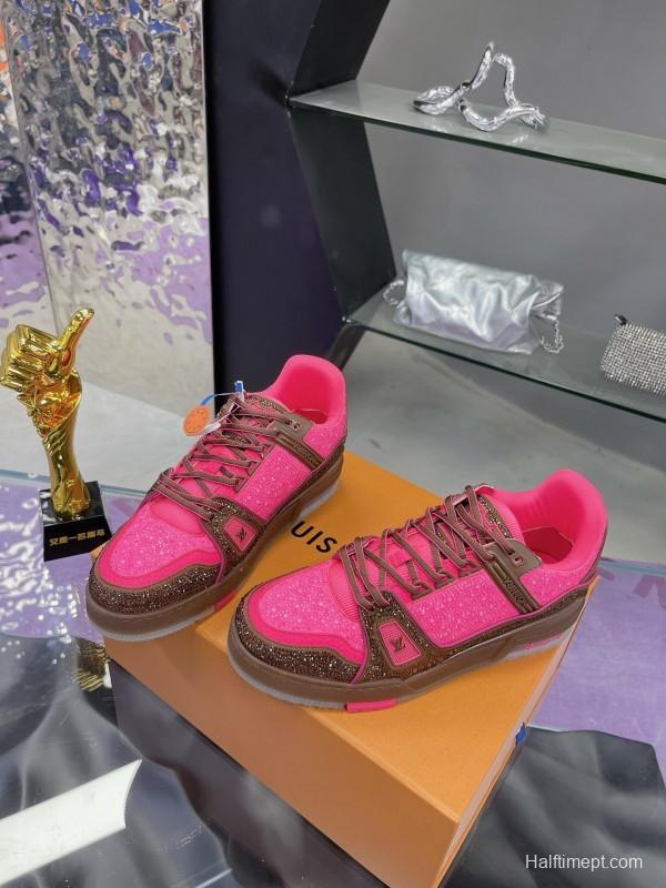 2025 Unisex Louis Vuitton Pink Brown Leather Canvas Plimsolls Handcrafted Crystals AS00400