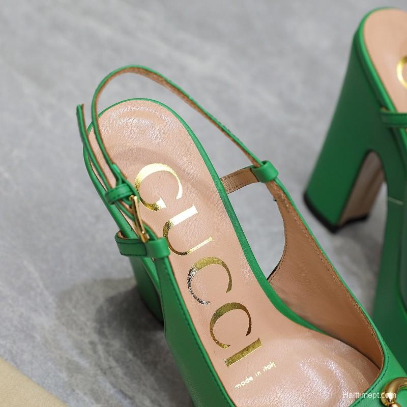 2025 Women Gucci Green Leather Platform High Heels KFY00320
