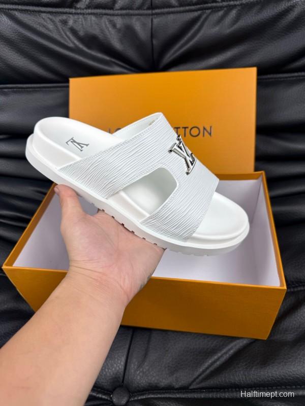 2025 Men Louis Vuitton White Leather Slippers AS00170