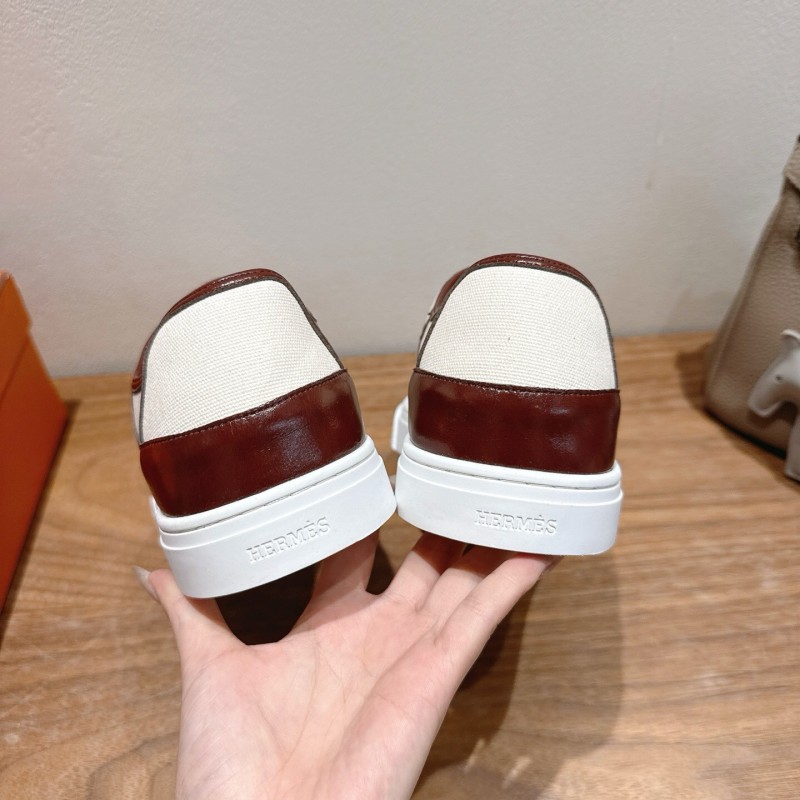 2025 Unisex Hermes Brown White Fabric Leather Sneakers AS00380