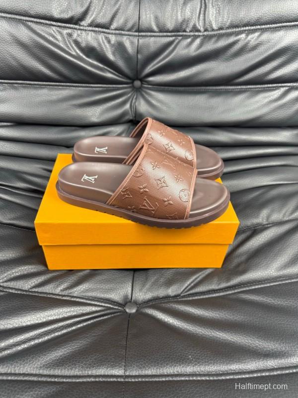2025 Men Louis Vuitton Brown Leather Slippers AS00170