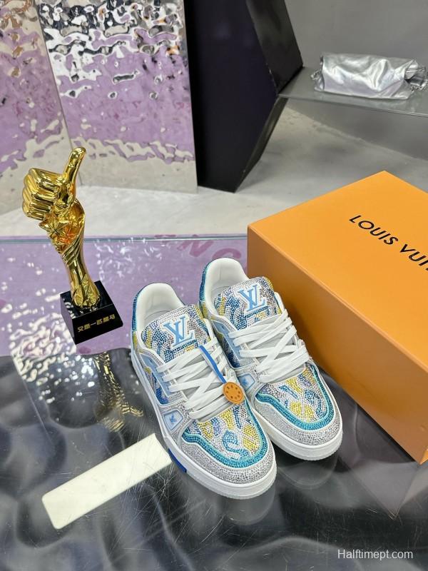 2025 Unisex Louis Vuitton Blue Yellow White Leather Denim Plimsolls Handcrafted Rhinestone AS00400