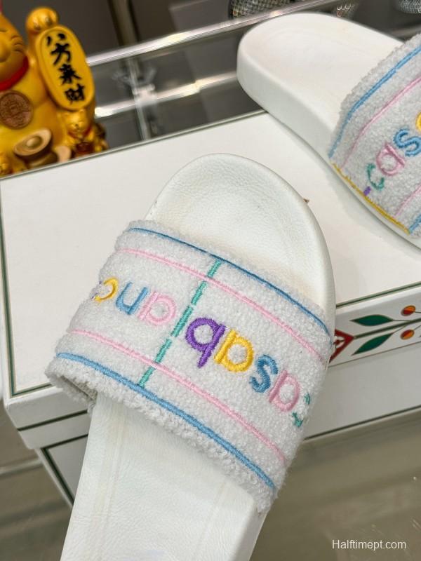 2025 Unisex CASA BLANCA White Fabric Slippers Embroidery KFY00160