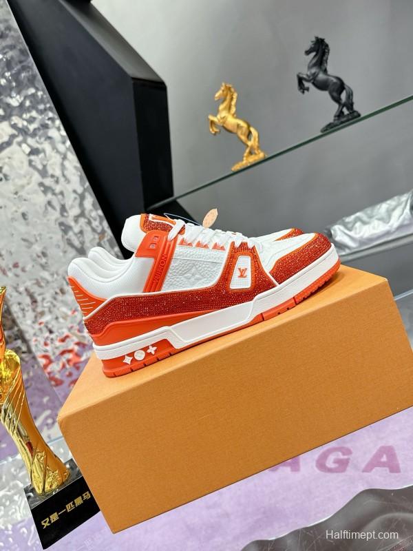 2025 Unisex Louis Vuitton Orange White Leather Plimsolls Handcrafted Rhinestones AS00400