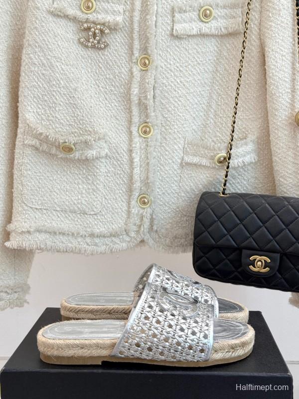 2025 Women Chanel Silver Leather Woven Fisherman Slippers KFY00240